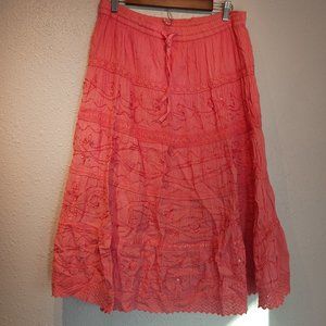 Signature Women's Boho Peasant Tiered Maxi Skirt Lace Crochet Trim Pink Size M